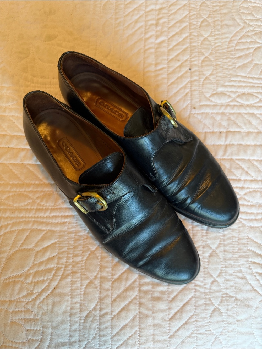 Coach women’s Black Leather Slip-On monk strap Loafers with Gold Buckle